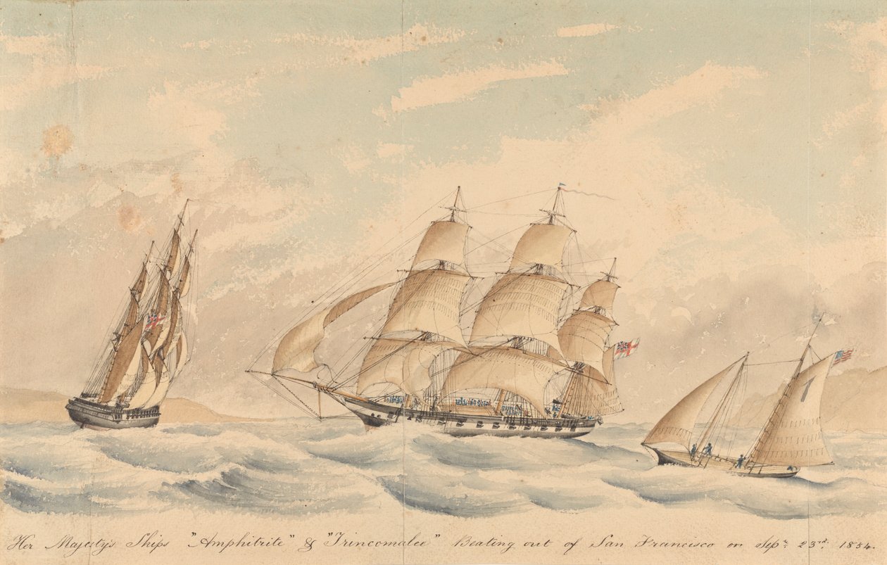Hennes Majestäts fartyg "Amphitrite" och "Trincomalee" på väg ut från San Francisco den 23 september 1854 av Unknown artist