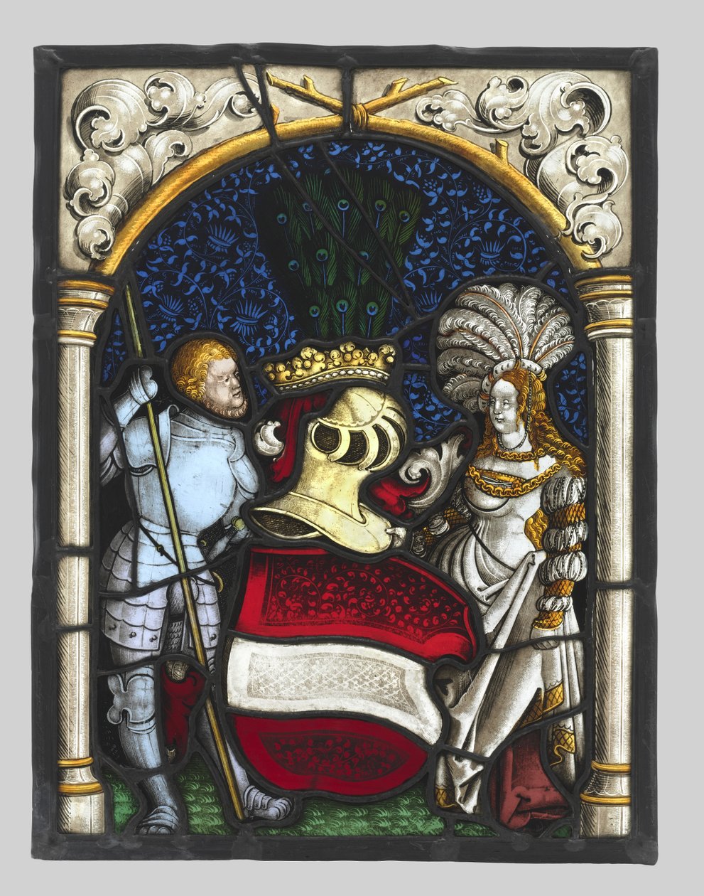 Heraldisk panel föreställande en riddare och en dam med vapen av ärkehertigdömet Österrike av Unknown artist