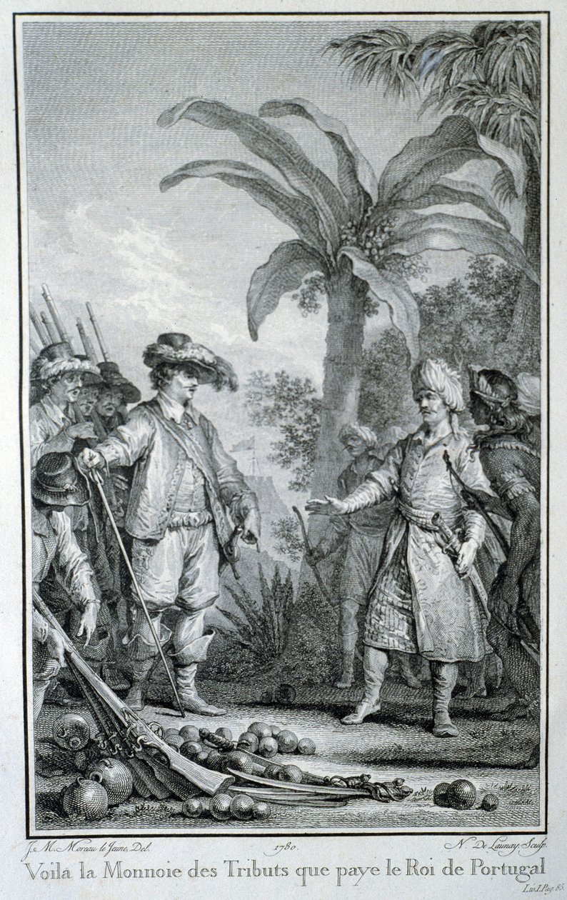 Här är hyllningsvalutan som kungen av Portugal betalar: portugisisk handel i kolonierna - i "Philosophical and Political history of European establishments and trade in the two Indies", av Guillaume Thomas Raynal, red. Skyffel av Unknown artist