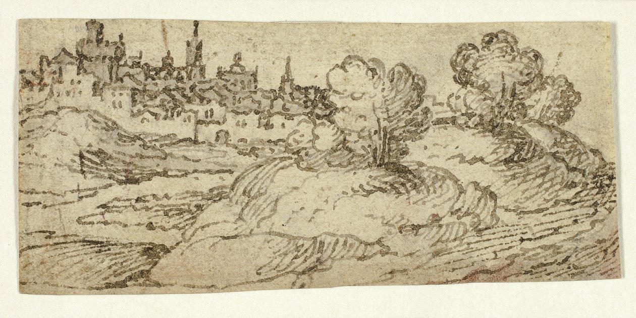 Hill Town med träd i förgrunden av Unknown artist