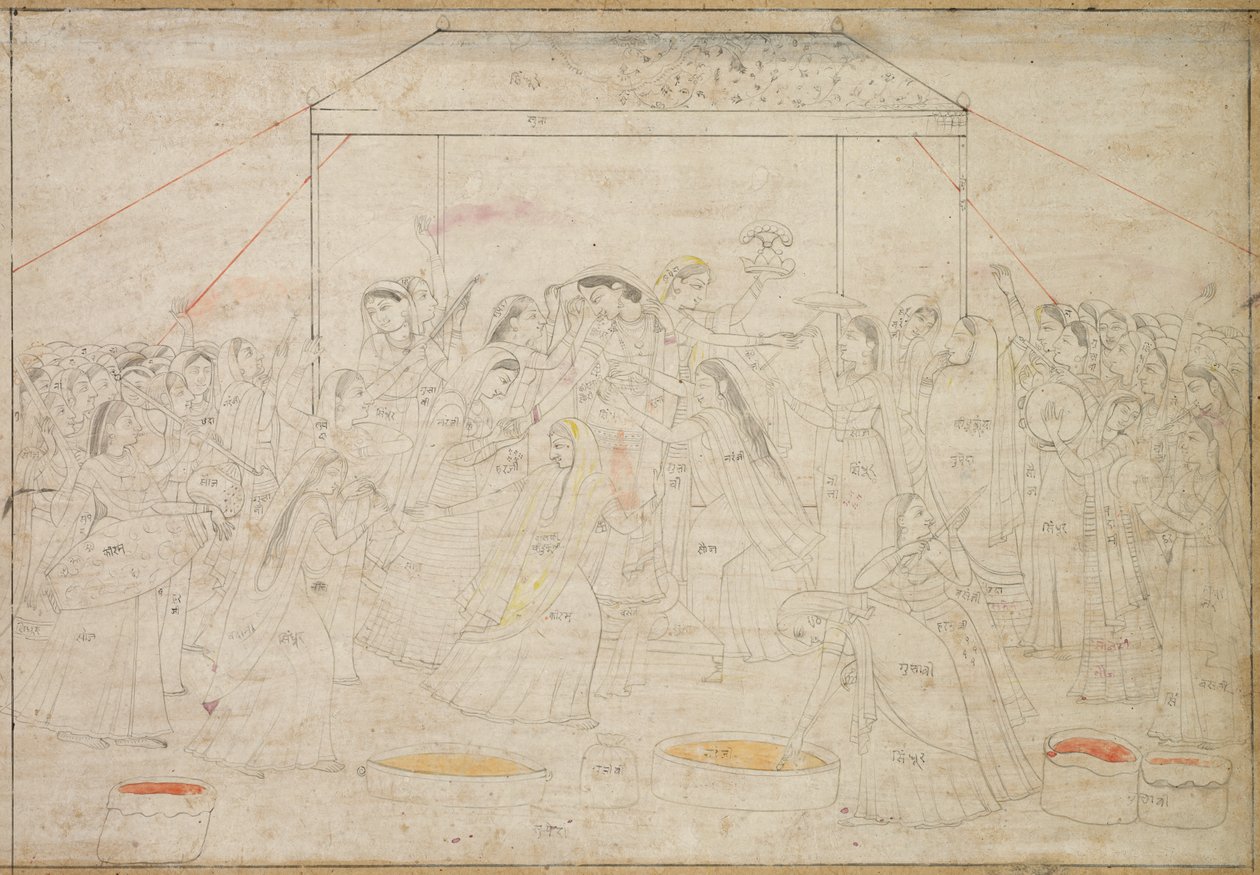 Hinduiska guden Krishna som är klädd i kvinnokläder för vårfest Holi av Unknown artist