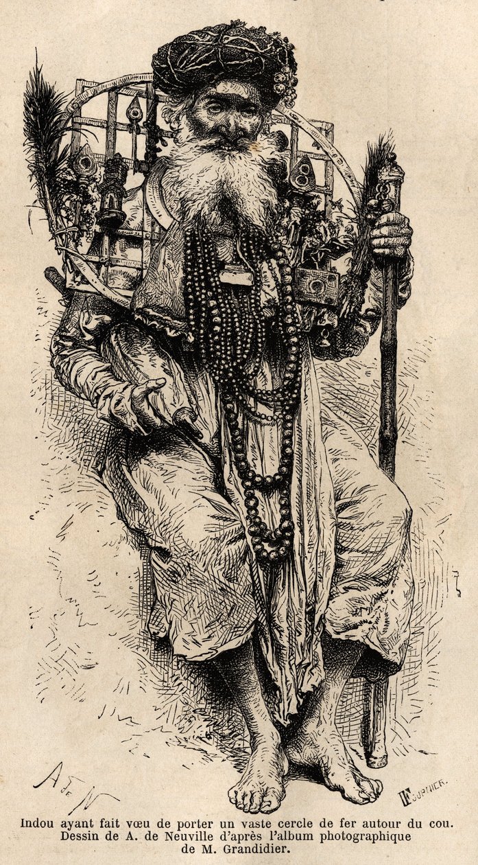 Hindu lovade att bära en stor cirkel av järn runt hans hals. Gravyr för att illustrera resan i Indiens meridionalprovinser, av Alfred Grandidier, 1862-1864, publicerad i "" le tour du monde", under ledning av D