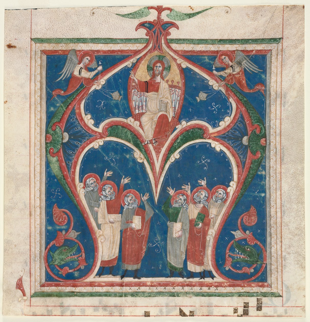 Historikerad initial (A) utskuren ur ett antifonarium: Kristus i majestät med profeter av Unknown artist