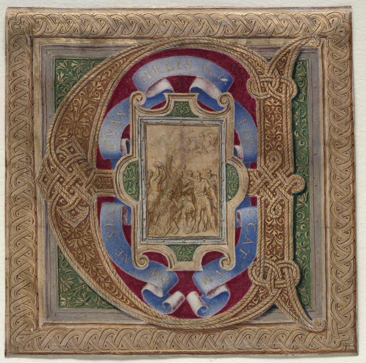 Historikerad initial (E) Utskuren från Colonna Missal: The Martyrdom of St. Stephen av Unknown artist
