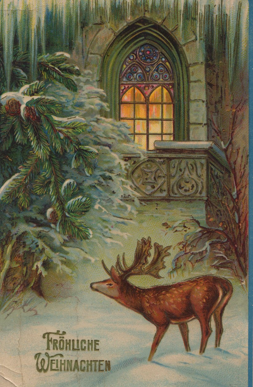 Historiskt julkort med vintermotiv med svensexa och kyrka av Unknown artist