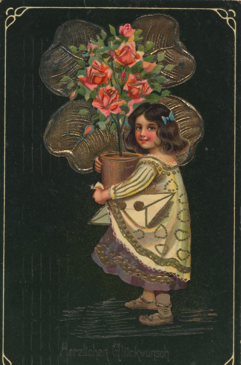 Historiskt gratulationskort med ett barn och en stor krukväxt, ros av Unknown artist
