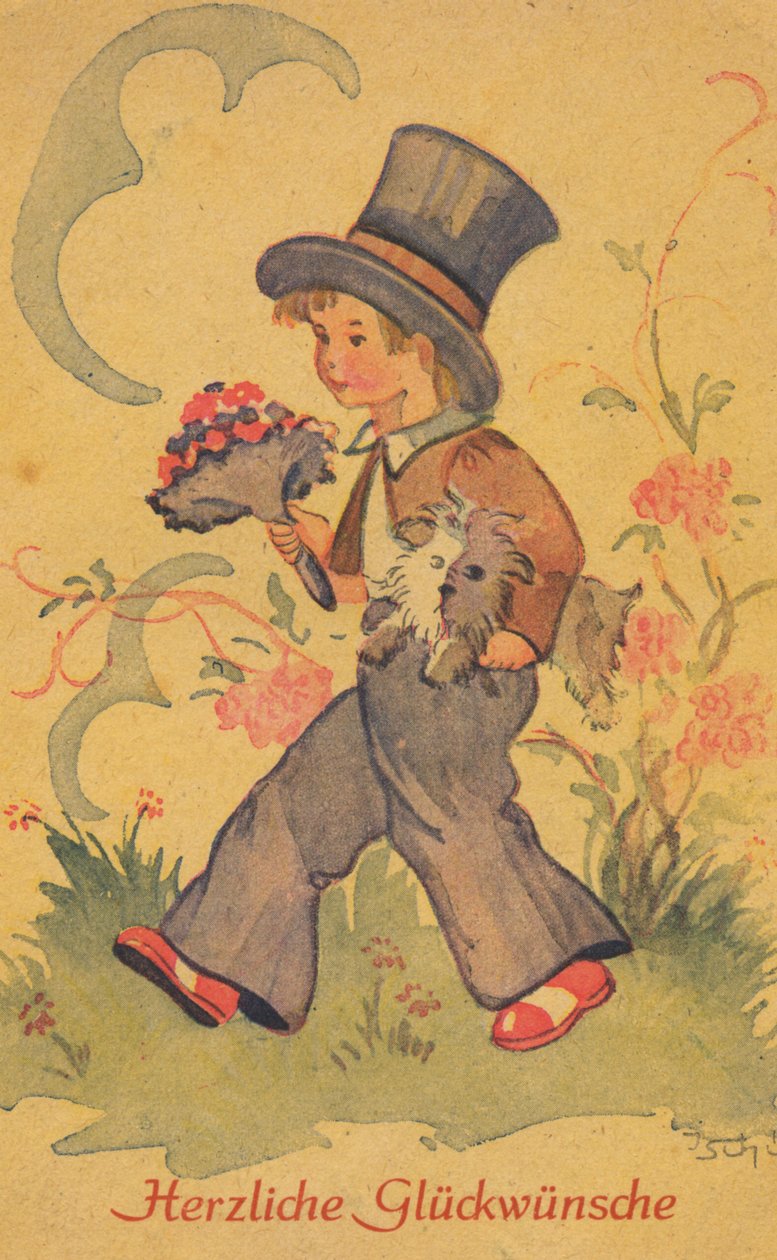 Historiskt vykort med en pojke med en bukett blommor och en liten hund, gratulationskort av Unknown artist