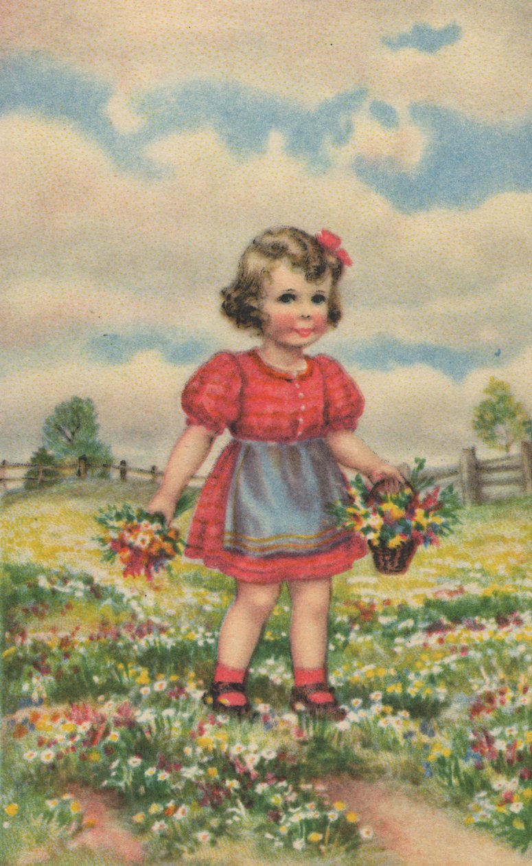 Historiskt vykort med en glad tjej på ängen, gratulationskort av Unknown artist