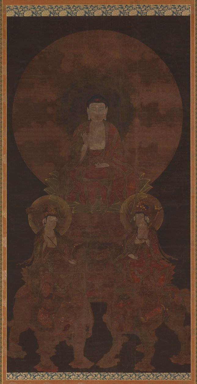Hysterisk Buddha Shakyamuni med Bodhisattvas Fugen (Samanthabhadra) och Manju (Manjushri) av Unknown artist