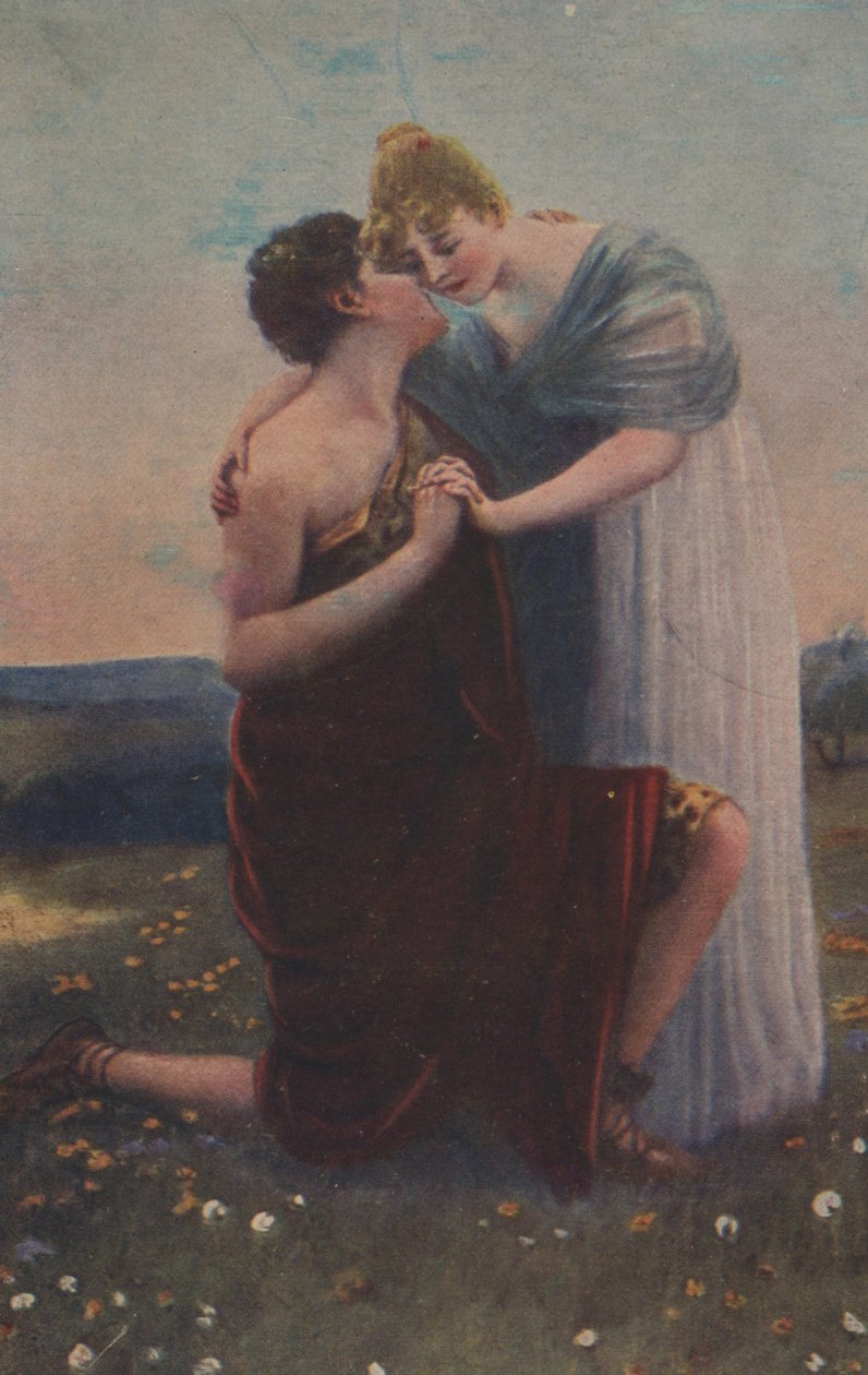 Historiskt gratulationskort med historiskt motiv, kvinna och medeltidens krigare av Unknown artist