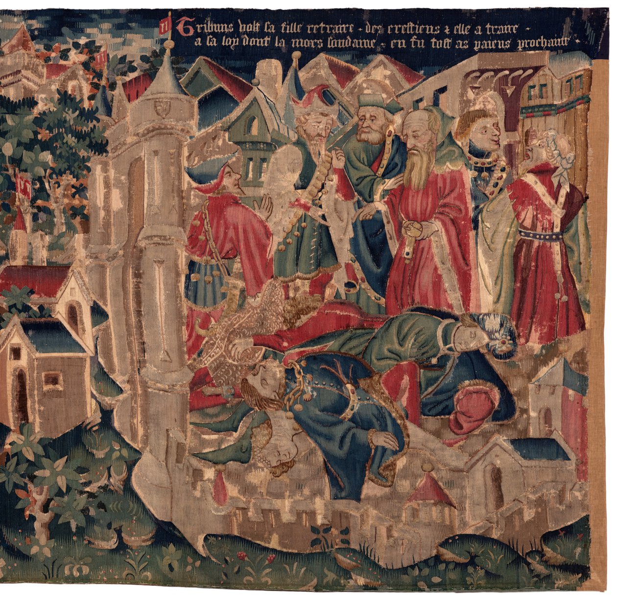Historia om Saint Piat och Saint Eleuthère, scen 14: Pesten håller på att slå ner staden Tournai. av Unknown artist