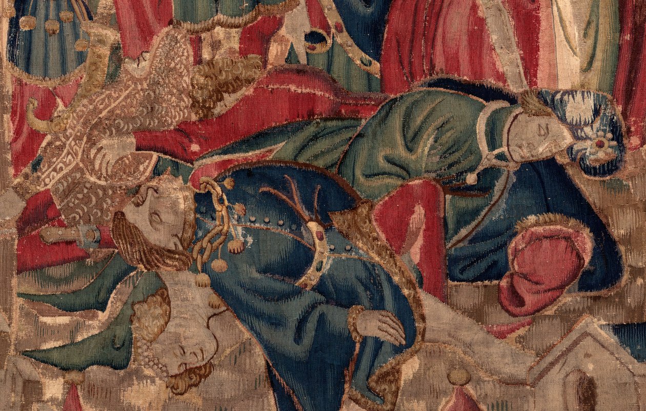 Historia om Saint Piat och Saint Eleuthère, scen 14: Pesten håller på att slå ner staden Tournai. Detalj. av Unknown artist