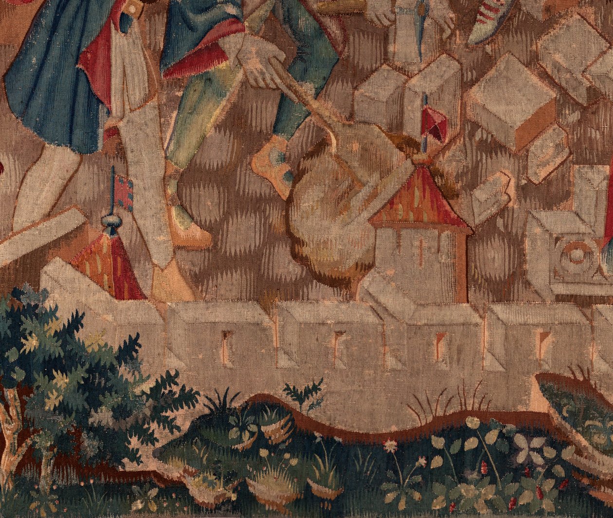 Historia om Saint Piat och Saint Eleuthère, scen 5 Detalj till vänster nedan. Stadsmurar och buskar. av Unknown artist