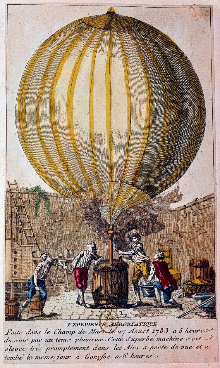 Ballongernas historia: aerostatisk upplevelse utförd på Champ de Mars i Paris den 27/08/1783: ballongen är fylld med vätgas av Jacques Charles (1746-1823). Gravyr av 1700-talets Paris, B.N. av Unknown artist