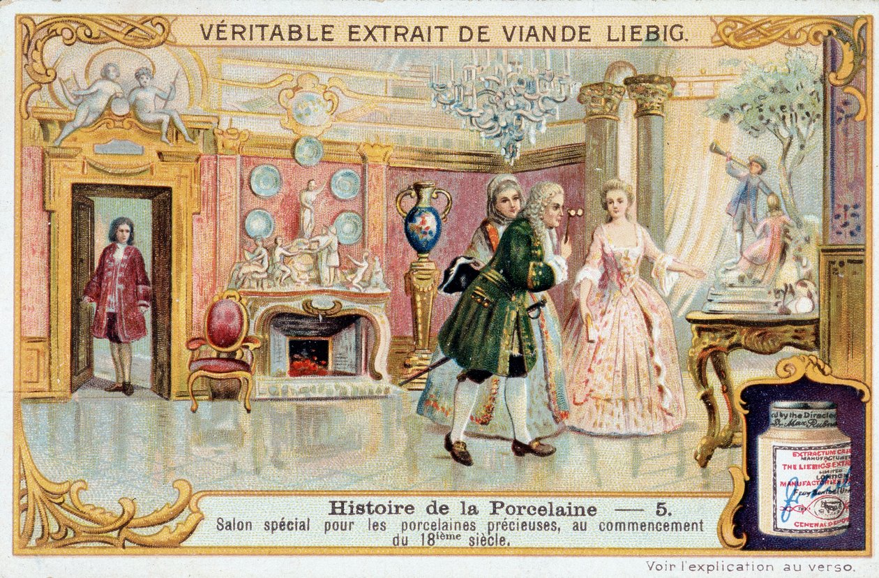 Porslinets historia: specialsalong för dyrbara porslin, i början av 1700-talet - Liebig Chromolithography av Unknown artist