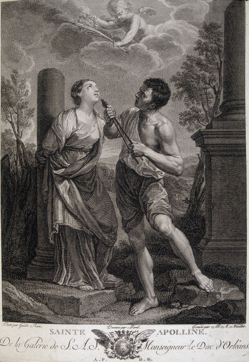Holy Appoline under förföljelserna får sina tänder krossade för att hon vägrade att hylla de romerska gudarna. Gravyr av 1600-talet. av Unknown artist