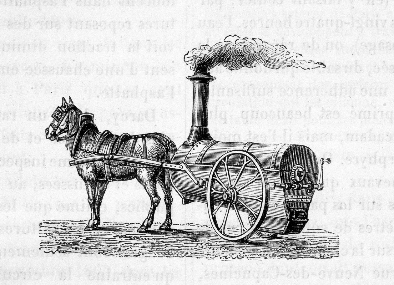 Häst som drar en ångmaskin - i "" The Wonders of Industry"" av Figuier av Unknown artist