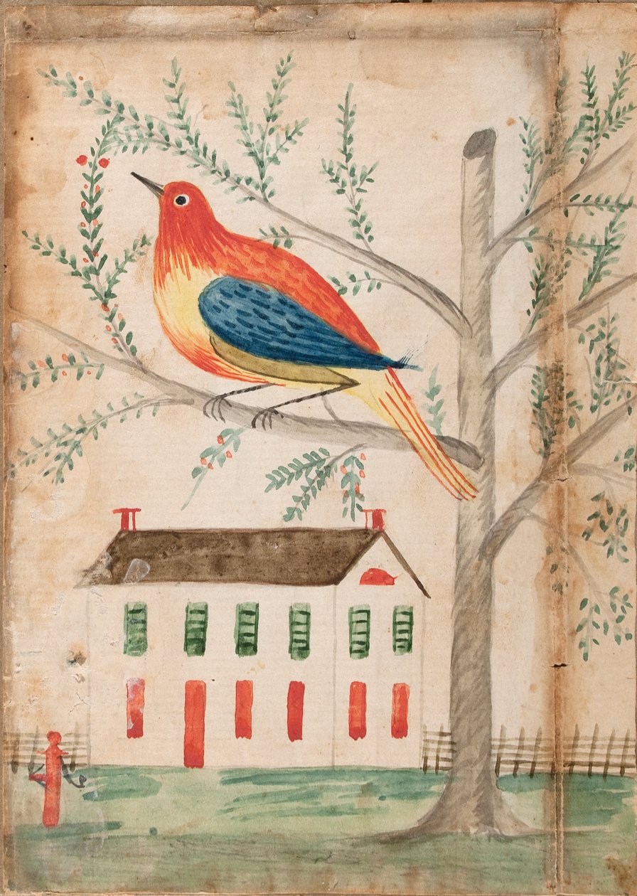 Hus och fågel på ett träd av Unknown artist