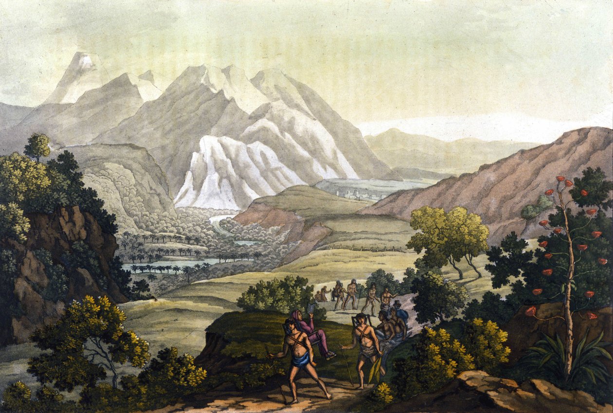 Humboldt och Bonpland korsar berget Quindiu på bärstolar. Från resan till Anderna av Alexander Von Humboldt (Alexandre de Humboldt av Unknown artist