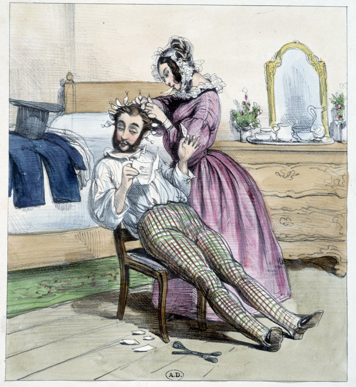 Humoristisk teckning på otroheten hos en dandy som görs med sin fästmös brev - teckning av Unknown artist