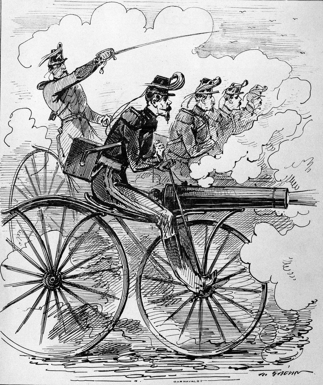 Humoristisk gravyr: Velocipedomania applicerad på maskingevär - 1800-talet. av Unknown artist