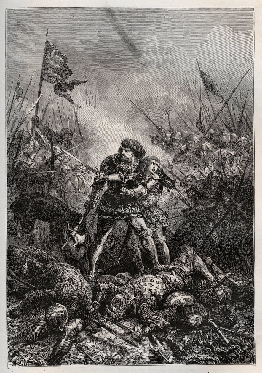 Hundraåriga krig: Frankrikes kung Johannes II den gode och hans son Filip II av Bourgogne (1342-1404), känd som "Philippe le Hardi", slåss mot engelsmännen i slaget vid Poitiers den 19/09/1356) (Kung av Frankrike Johannes II av Frankrike (1319-1364) och ha av Unknown artist