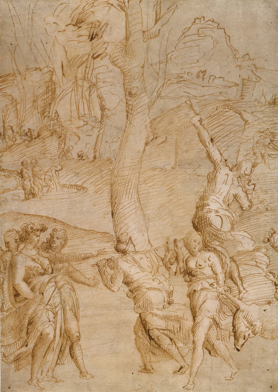 Jaktscen (recto); Två studier av ett par liggande flodgudar (), en sarkofagfront () verso av Unknown artist