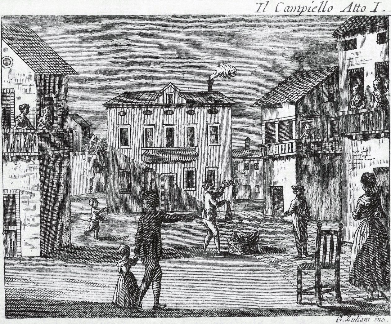 Il Campiello Akt I - Carlo Goldoni (1707-1793) - Gravyr från 1700-talet av Unknown artist