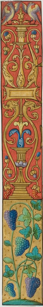Illuminerad bård med vindruvor, fåglar och grotesker från ett manuskript av Unknown artist