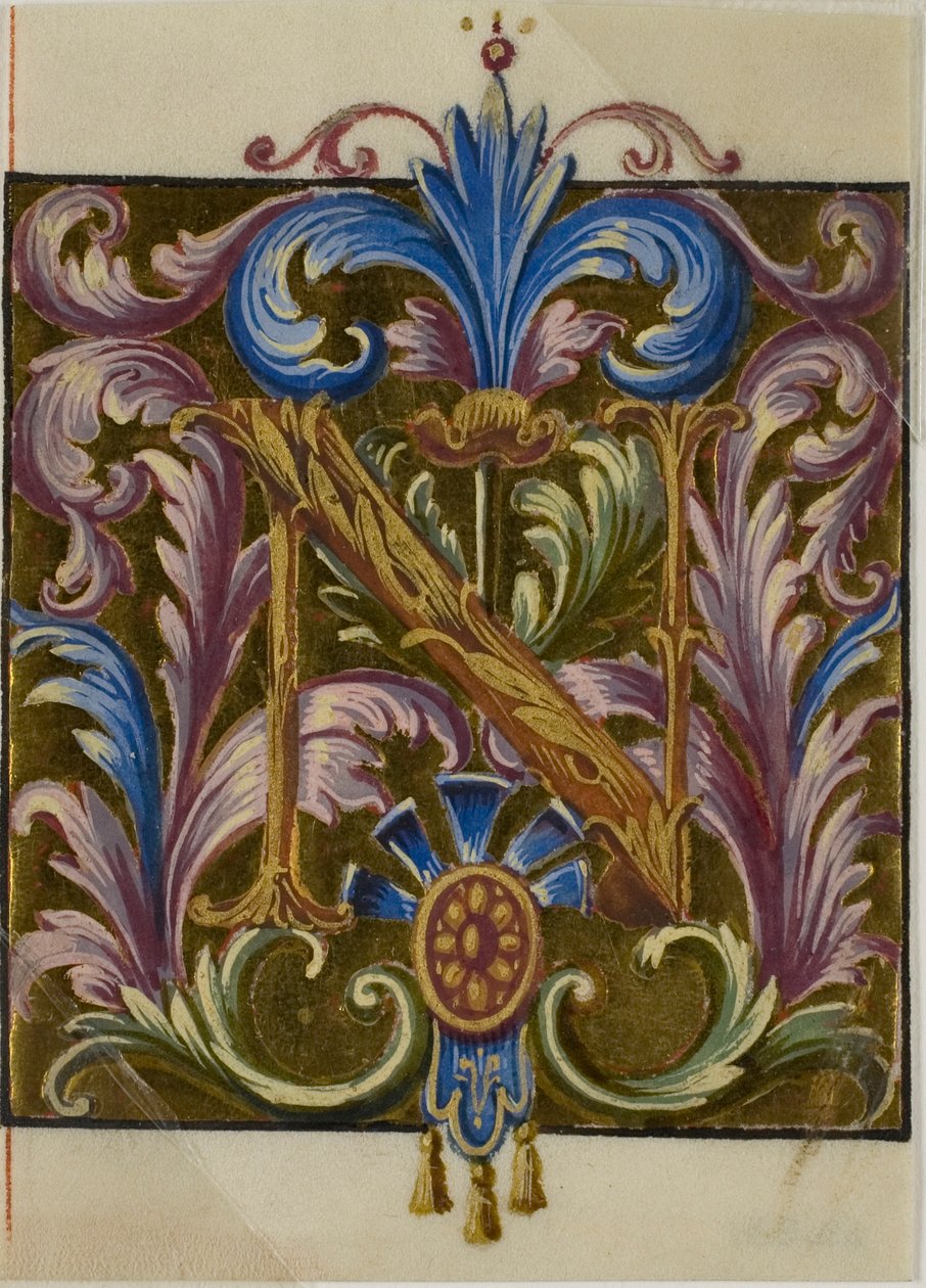 Illuminerad initial "N" med akantusblad från en körbok av Unknown artist