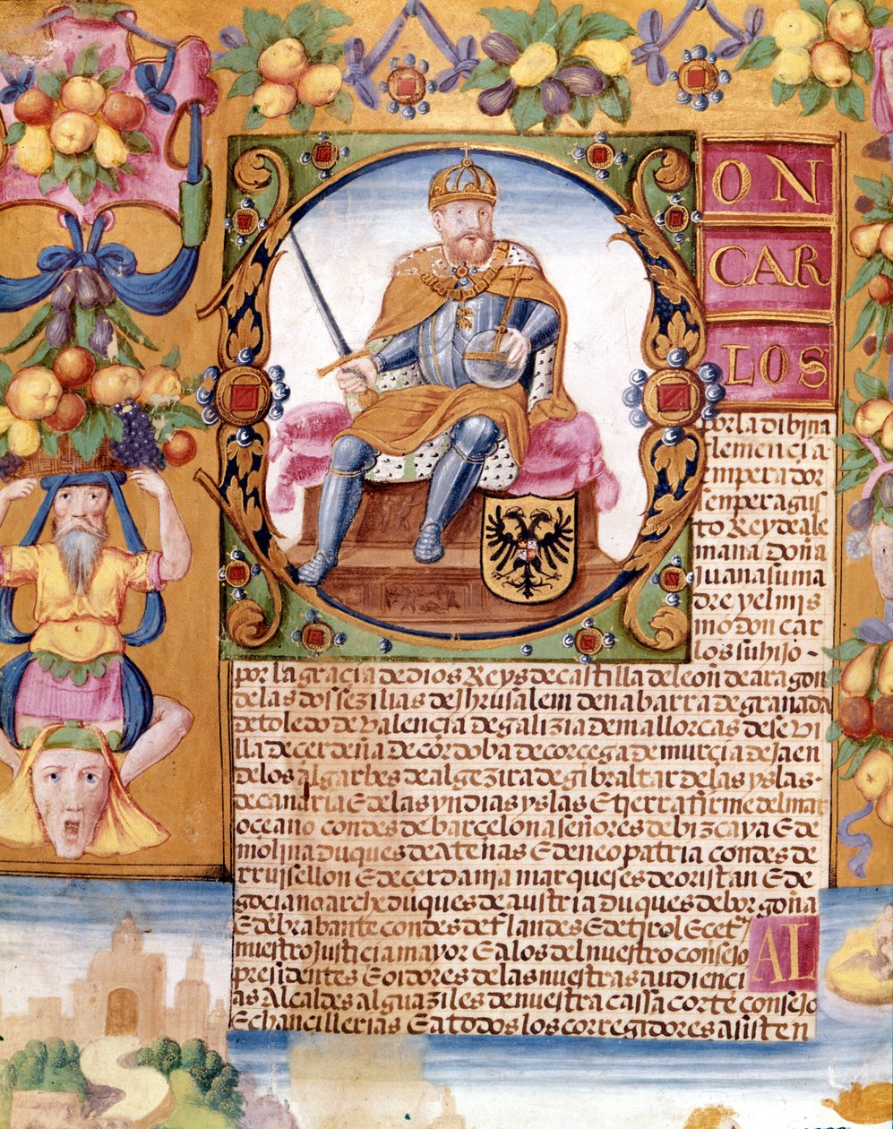 Upplyst porträtt av kejsar Karl V (1500 - 1558). Detalj av en "" exekutoria"" av Unknown artist