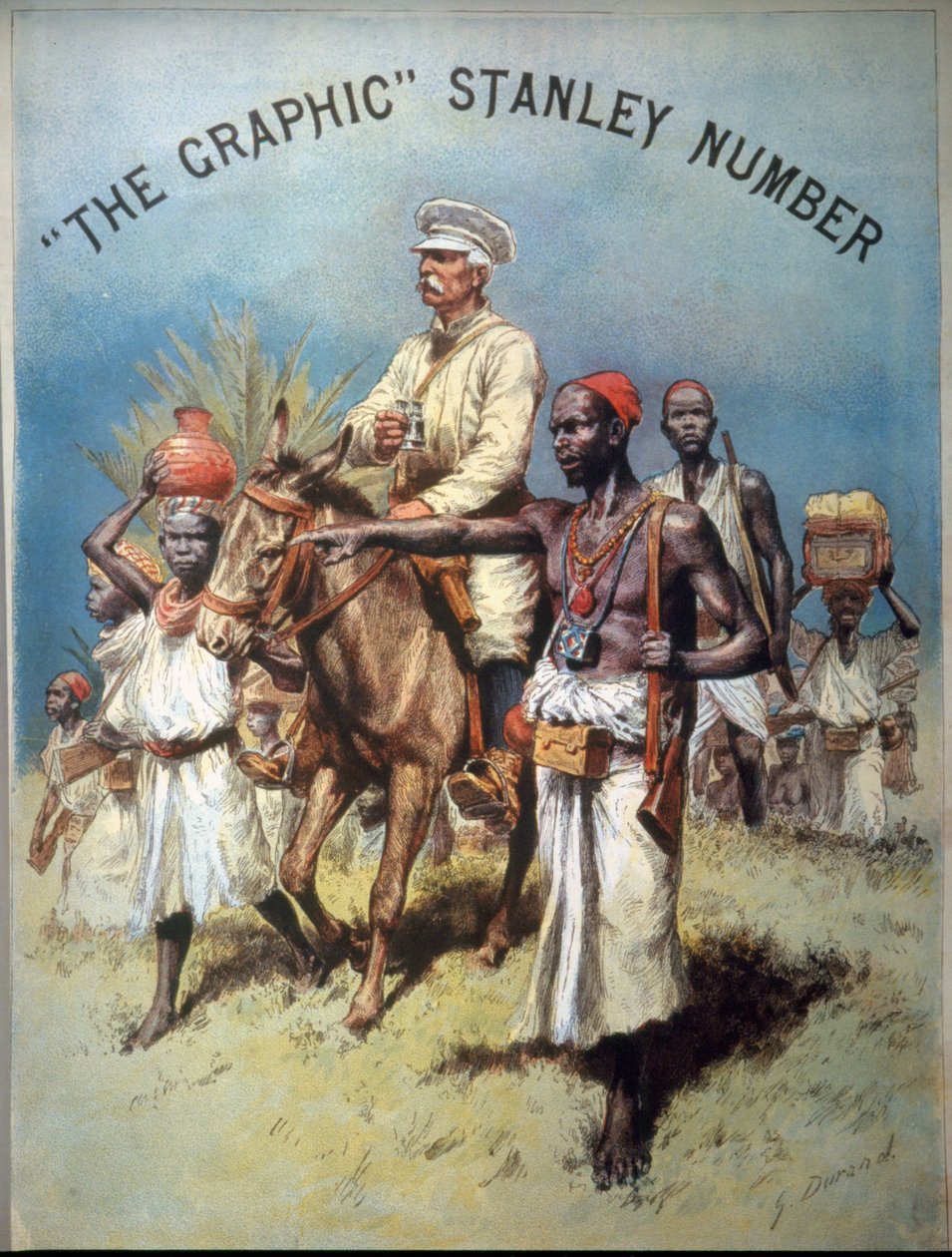 Illustration som visar upptäcktsresande och journalist Henry Morton Stanley (1841-1904) under en av hans expeditioner. Kromolitografi. av Unknown artist
