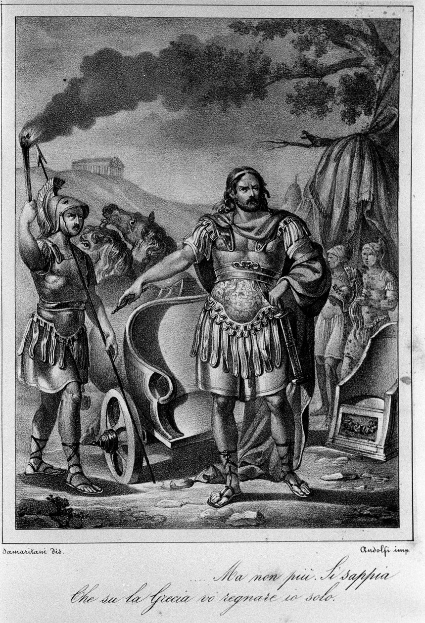 Illustration till scen 1 av akt IV av "" Ajax"" (Aiace) av den italienske poeten och dramatikern Ugo Foscolo (1778-1827) 1800-talet av Unknown artist