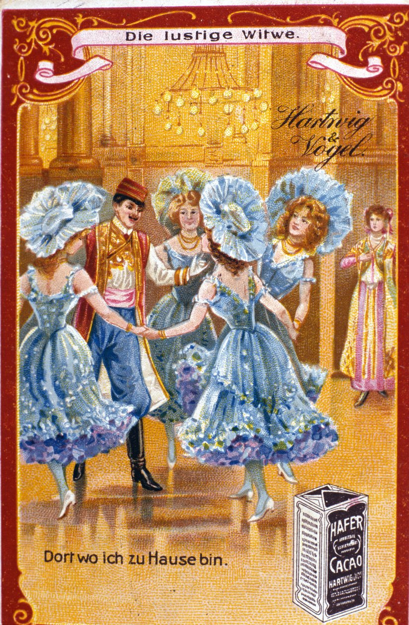 Illustration för den "glada änkan" av Franz Lehar, ungersk kompositör (1870-1948). Akt II. kromolitografi från slutet av 1900-talet. av Unknown artist