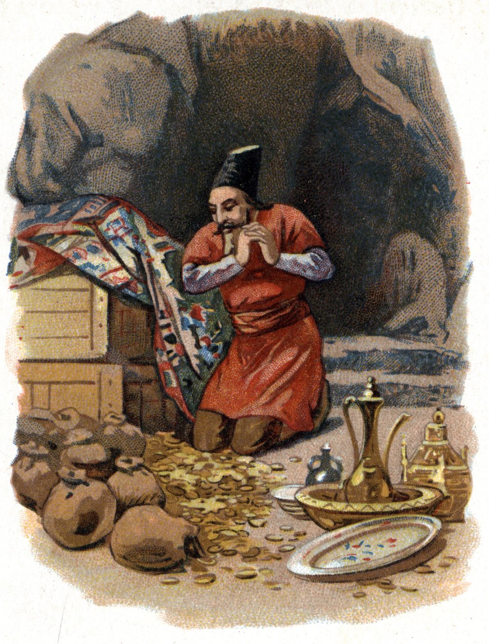 Illustration till sagorna om tusen och en natt. Ali Baba (Ali-Baba) går in i klippan och säger: Sesam öppnar dig och ser guldtunnor. Kromolitografi omkring 1890. av Unknown artist