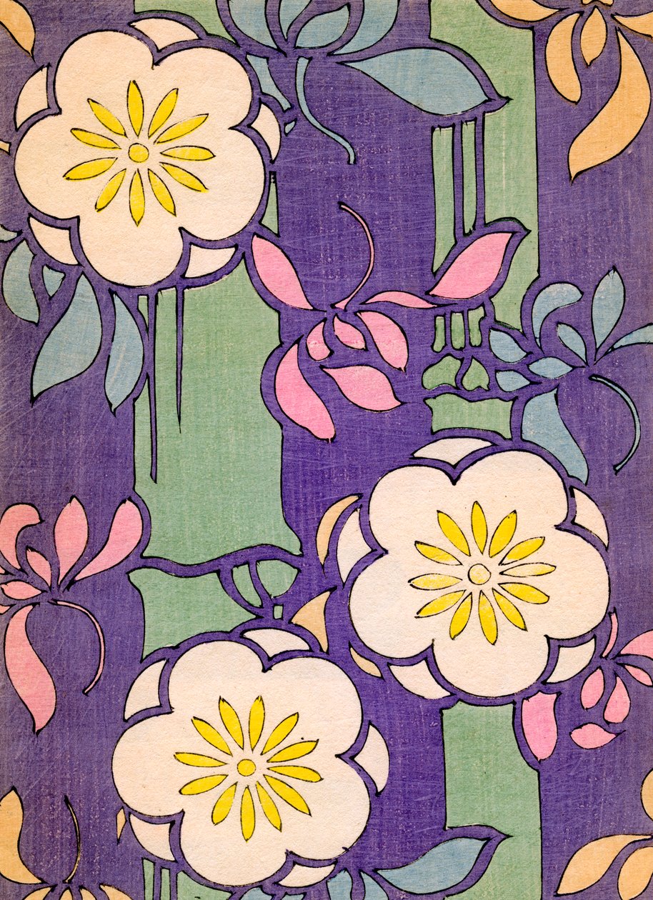 Illustration av blommor på en lavendel och grön bakgrund av Unknown artist