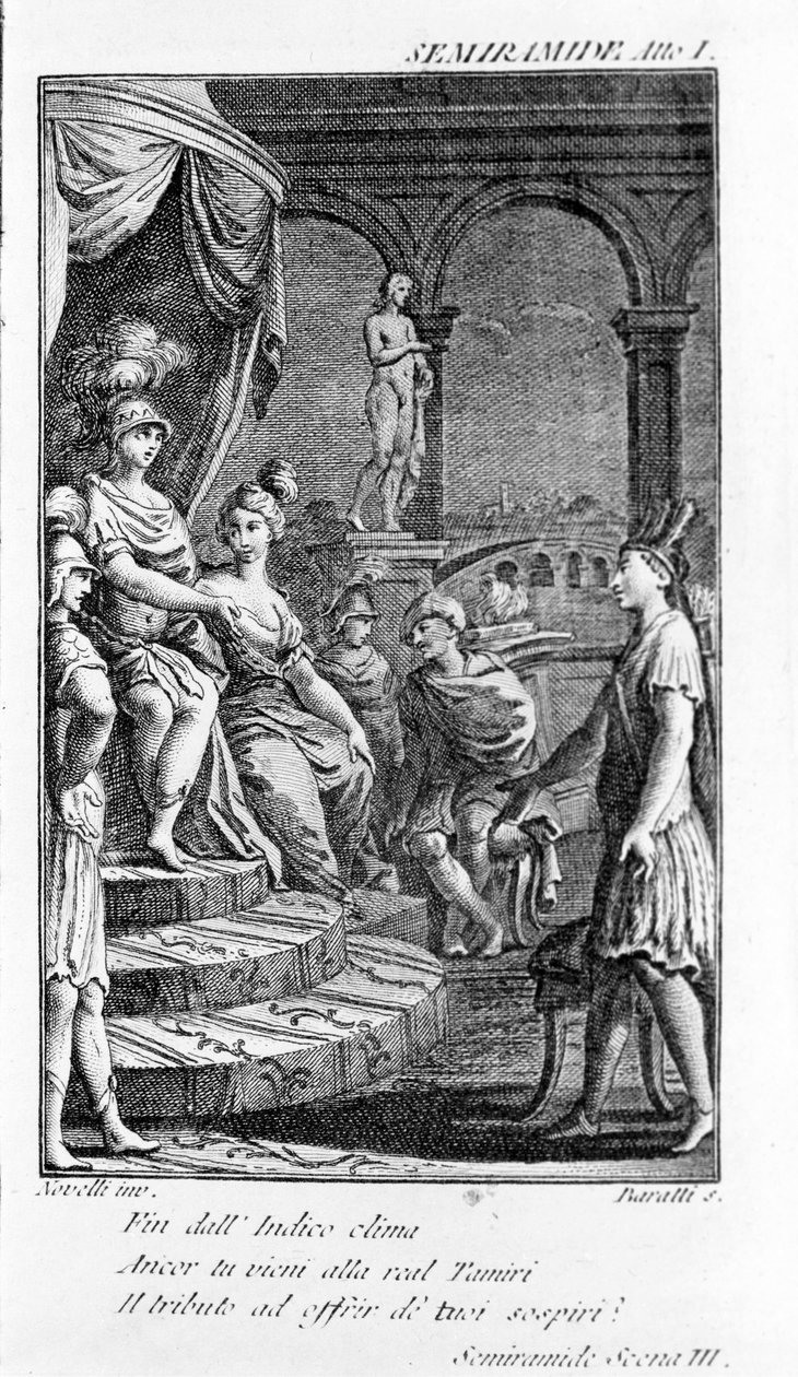 Illustration av Sémiramis, opera av Antonio Salieri (1750 - 1825). Häfte av Pierre Metastase (eller Pietro Metastasio). Akt I, sc. III. av Unknown artist