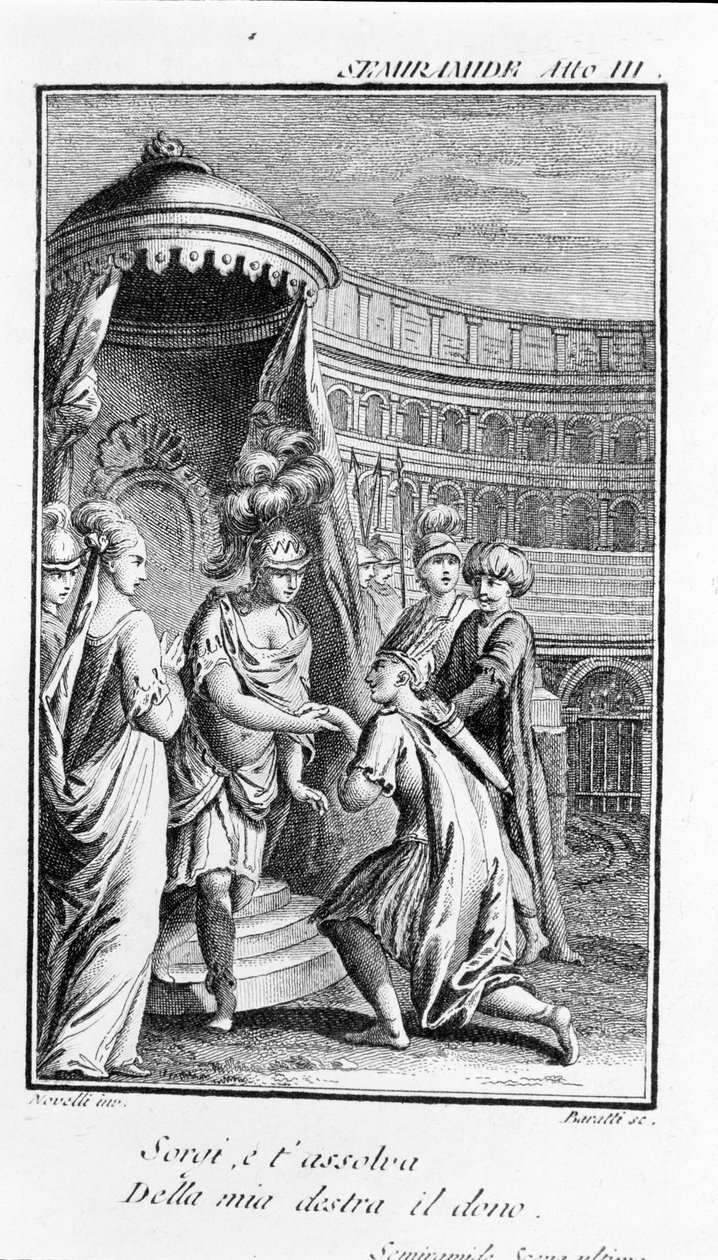 Illustration av Sémiramis, opera av Antonio Salieri (1750 - 1825). Häfte av Pierre Metastase (eller Pietro Metastasio). Akt III, sista scen. av Unknown artist