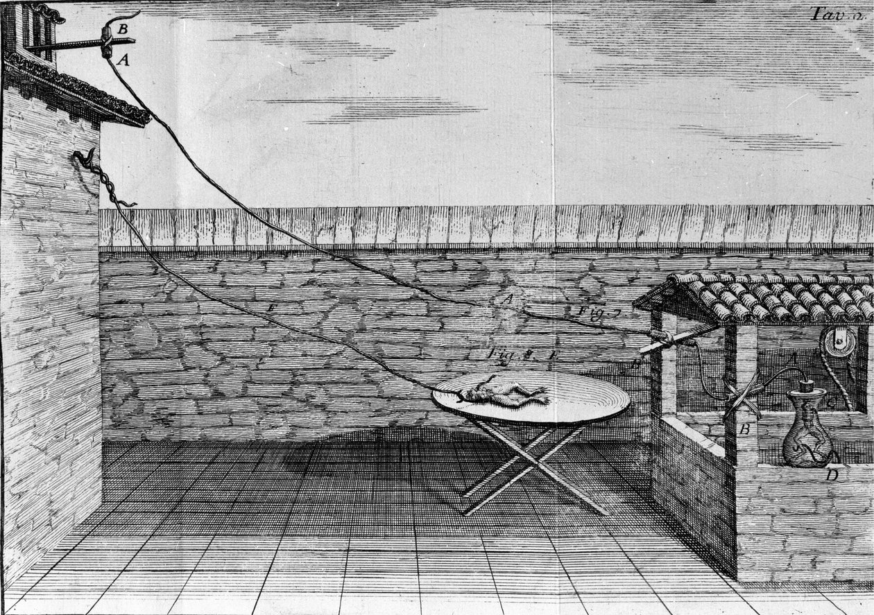 Illustration av experiment av Luigi Galvani, italiensk fysiker och läkare (1737 - 1798) som förklarar passagen av elektrisk ström som rör benen på en groda. av Unknown artist
