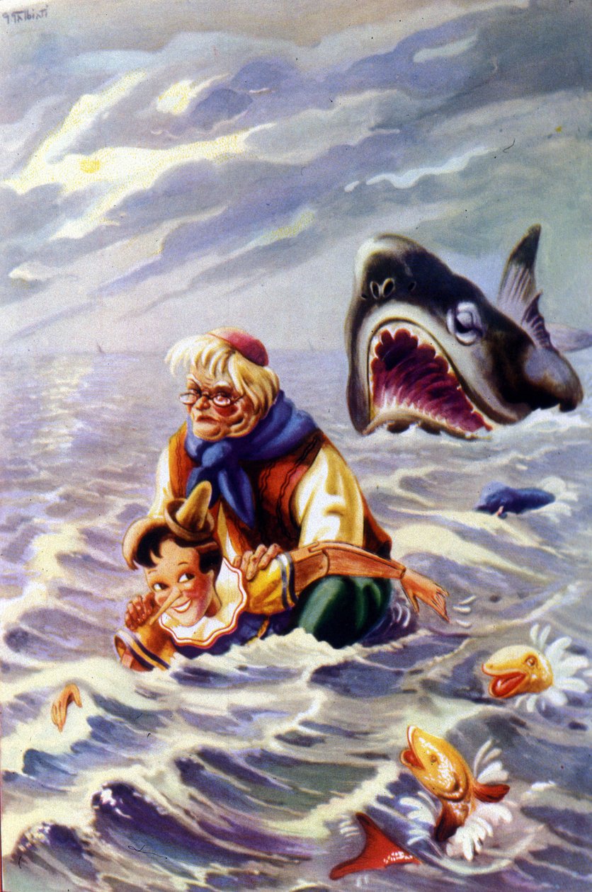Illustration av berättelsen om Pinocchio av Carlo Collodi: Pinocchio och Gepetto förföljs av en enorm fisk. av Unknown artist