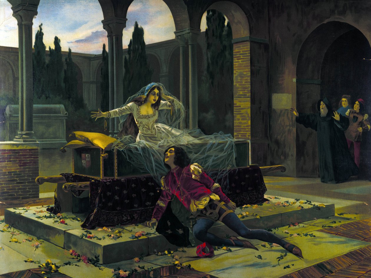 Illustration av den sista scenen i baletten "Romeo och Julia" av Piotr eller Pjotr Iljitsj Tjajkovskij (eller Tjajkovskij eller Cajkovskij eller Tschaikowskij av Unknown artist