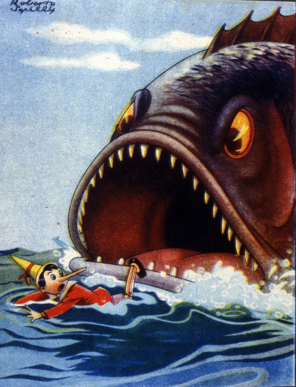 Illustration av sagan Pinocchio av Carlo Collodi. En stor fisk är på väg att äta Pinocchio. av Unknown artist