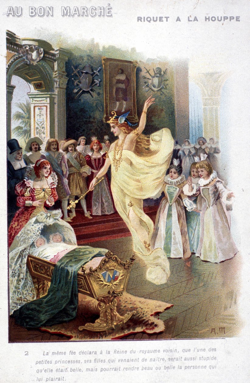 Illustration av berättelsen ""Riquet à la houppe"" av Charles Perrault (1697): fen tillkännager för drottningen att prinsessan som just har fötts kommer att vara lika dum som hon är vacker. Affisch ""Au bon marché"" från 1800-talet. av Unknown artist