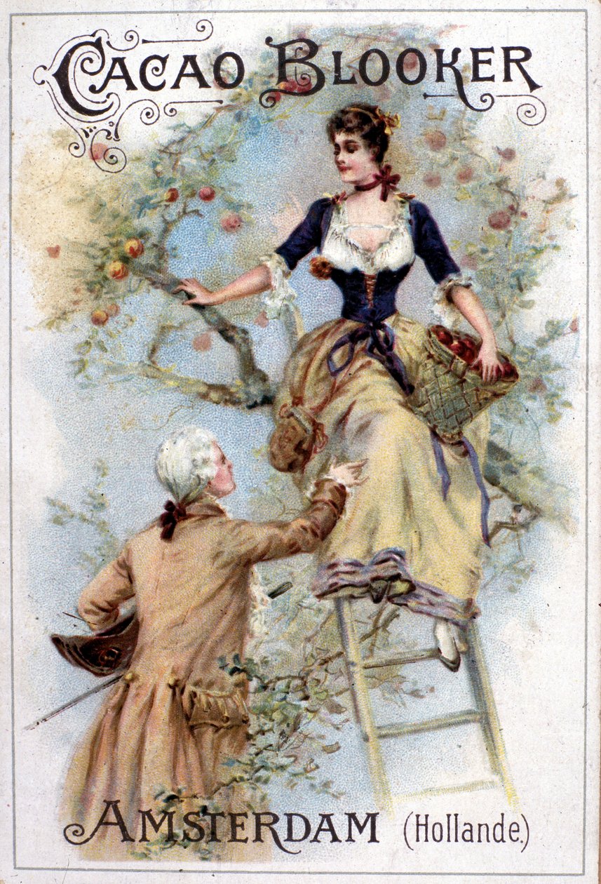 Reklamillustration för Blooker Cocoa föreställande en ung man på 1700-talssätt som hjälper en ung kvinna nerför en stege. av Unknown artist