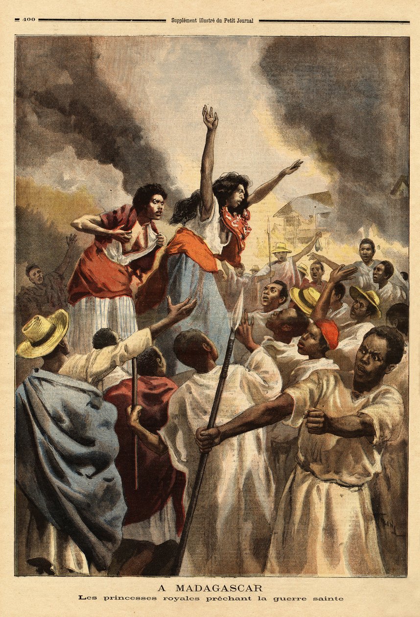 På Madagaskar predikar den kungliga prinsessan (drottningens syster och faster) det heliga kriget mot Frankrike. Gravyr i "" Le petit journal"" 1894-09-09. Selvas samling. av Unknown artist