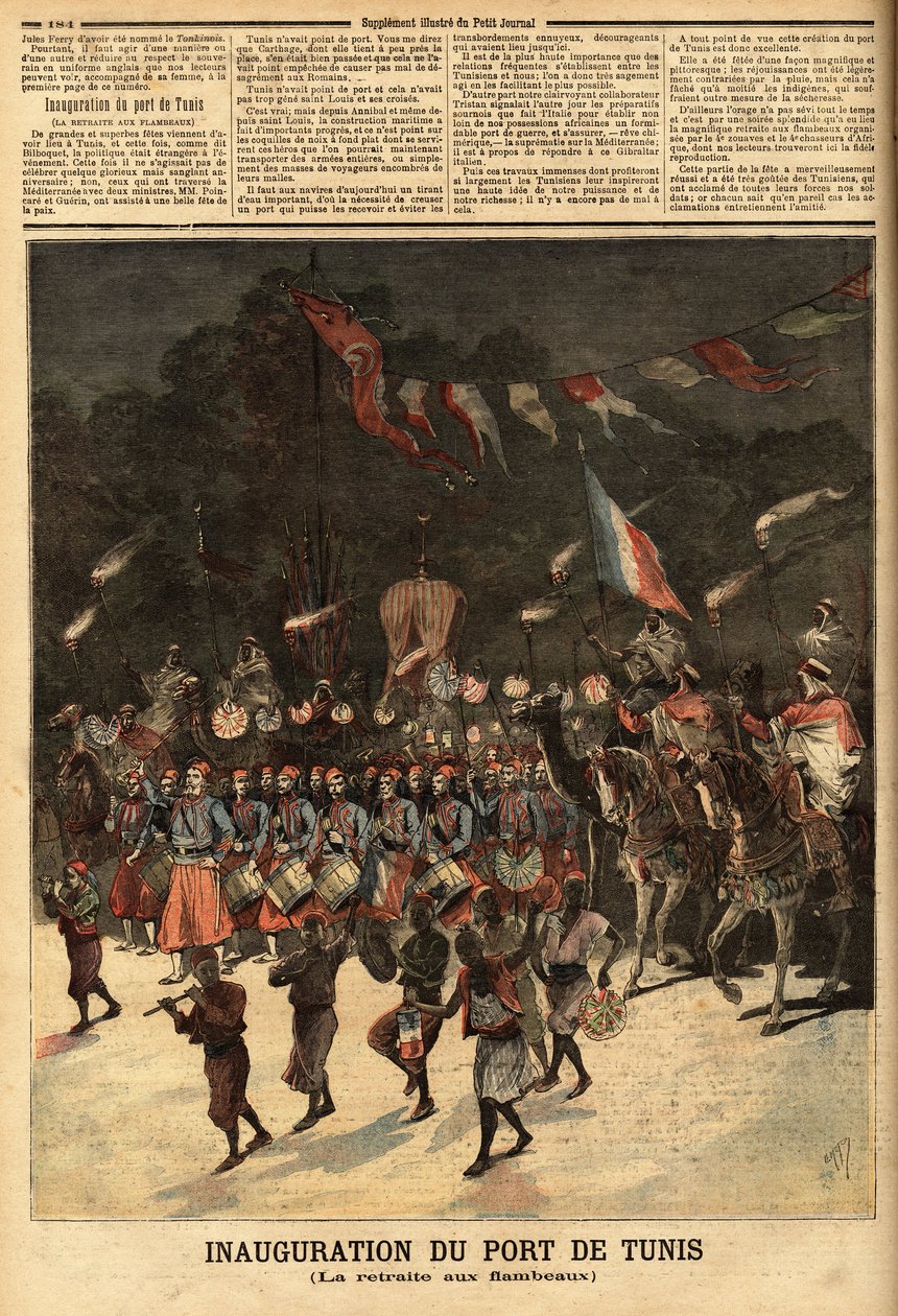 Invigning av hamnen i Tunis, i närvaro av de franska ministrarna Raymond Poincare (1860-1934) och Eugene Guerin (1849-1929). Gravyr i "" Le petit journal"" 1893-06-10. Selvas samling. av Unknown artist