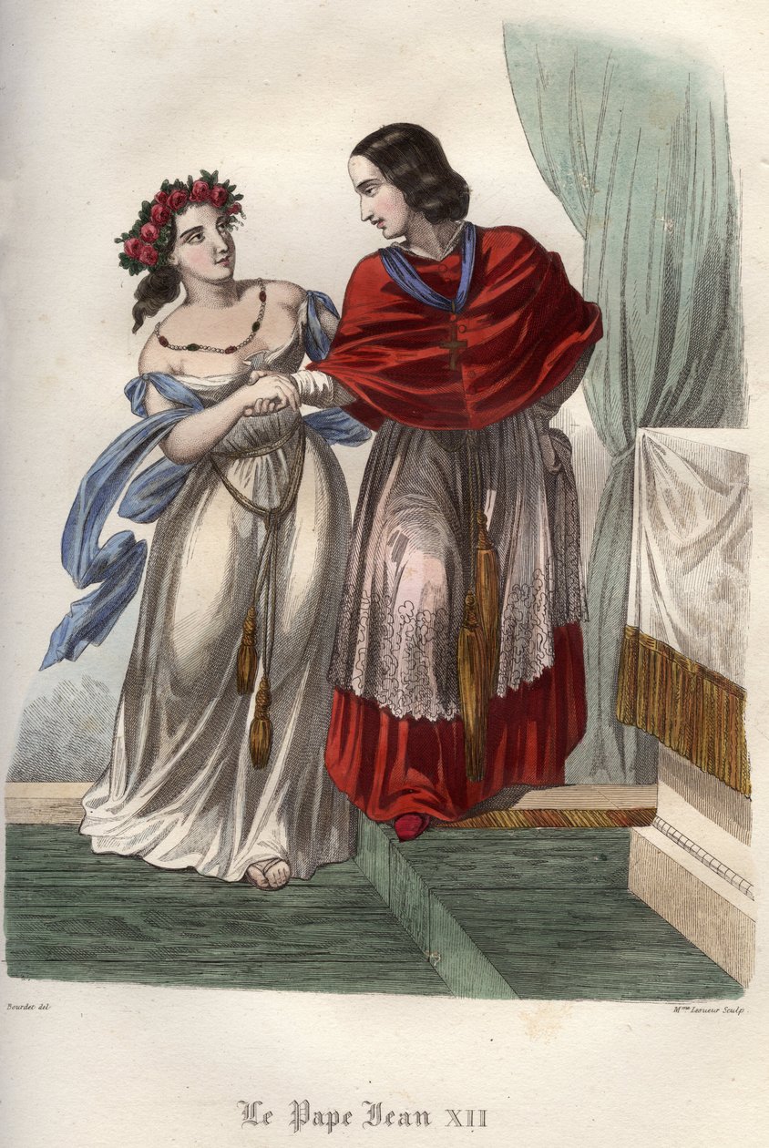 Incest: Påven Johannes XII (ca 937-964) med sin mormor och påstådda älskarinna Marozia (Mariuccia, Mariozza) (ca 890-c 936). av Unknown artist