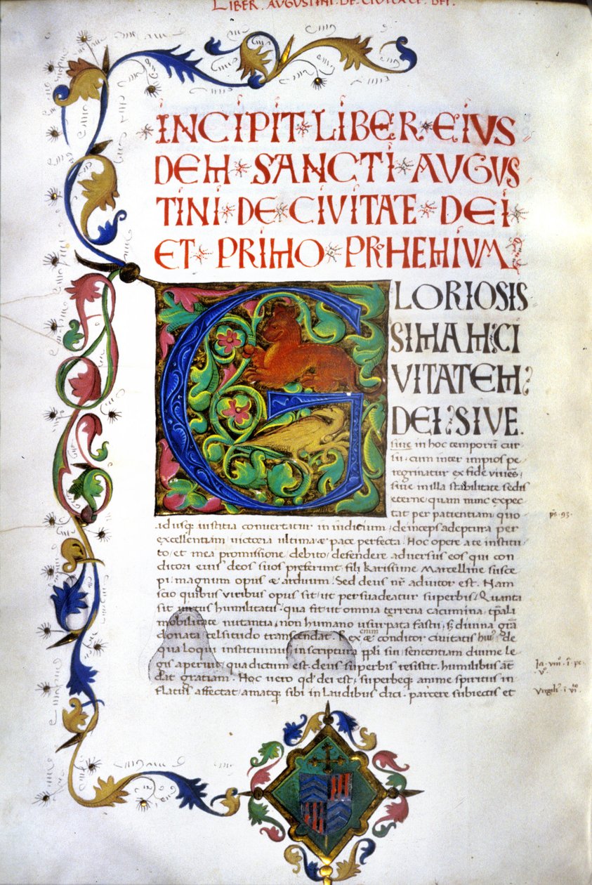 Incipit av manuskriptet till "De civitate Dei" av Saint Augustine. 1400-talsmanuskript. Milano, Bibl, Trivulziana. av Unknown artist