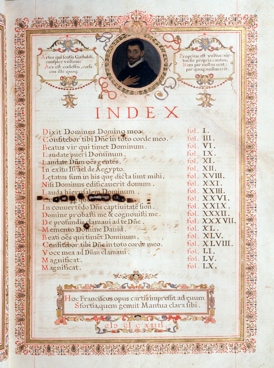 Indexsida med porträtt av Giovanni Giacomo Gastoldi av Unknown artist
