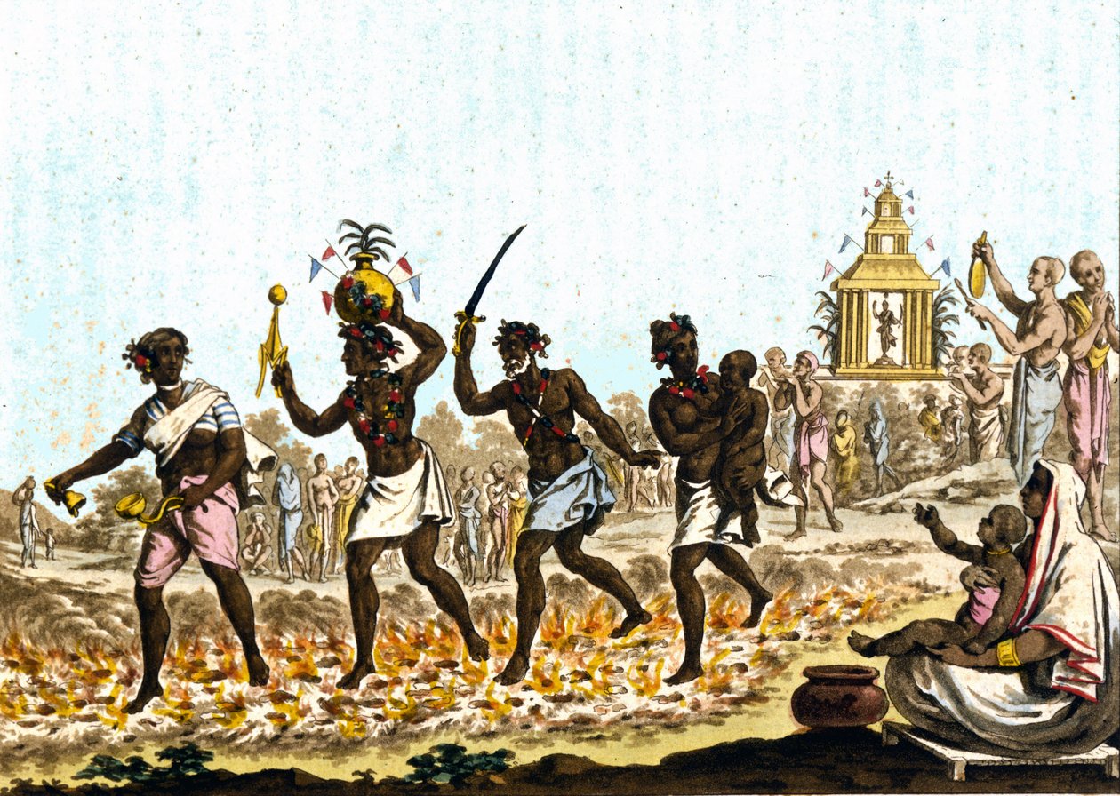 Indien. Fakirer som går på glödande kol. 1800-talsgravyr. av Unknown artist